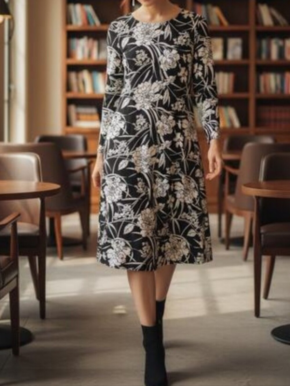 bryn Walker Black and Cream Floral Lantern-Sleeve Dress
